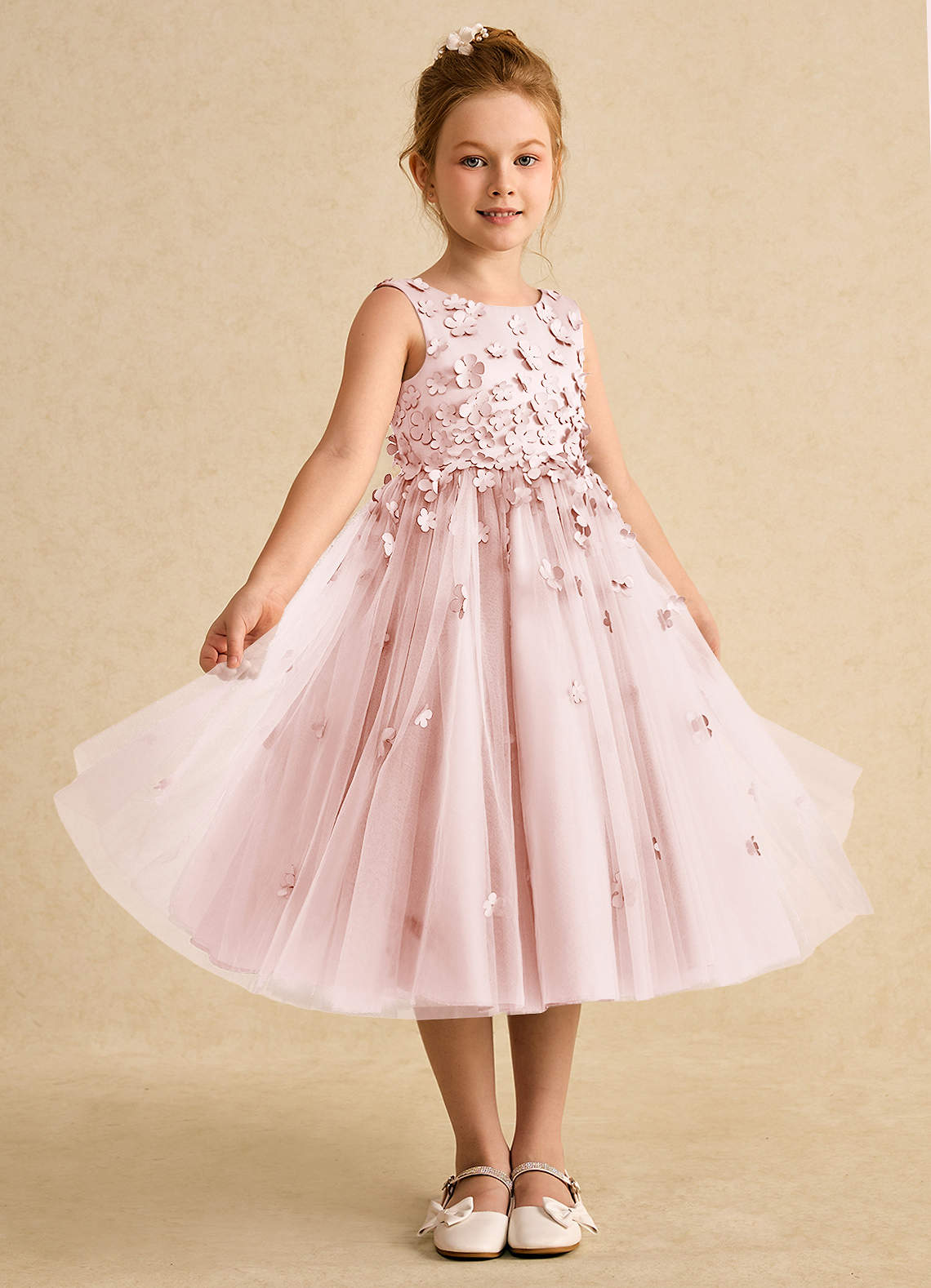 Azazie Lana Blumenmädchenkleider A-Linie ärmellos Matte Satin Kleid Zartrosa image4