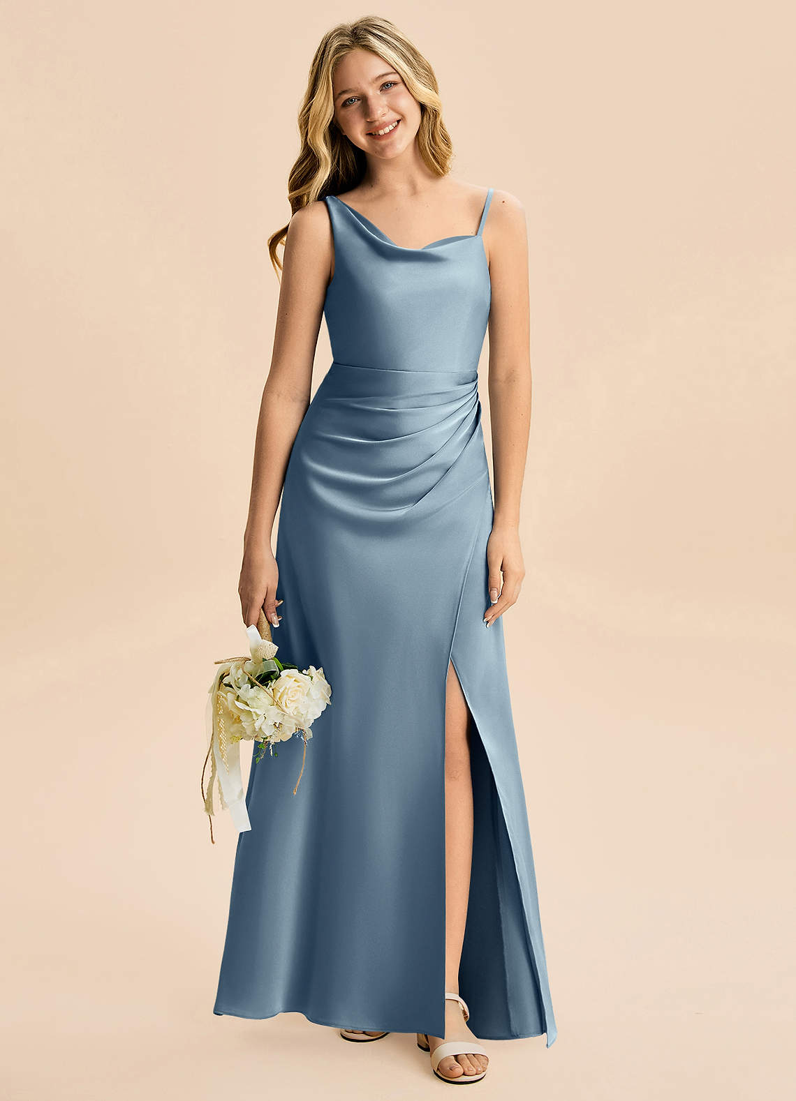 abby blue dress Azazie Sheath Cowl Neck Floor-Length Stretch Satin Junior Bridesmaid Dresses Flare Dress UK14 8 Birthday Outfit Ideas Color:#12-American Beauty