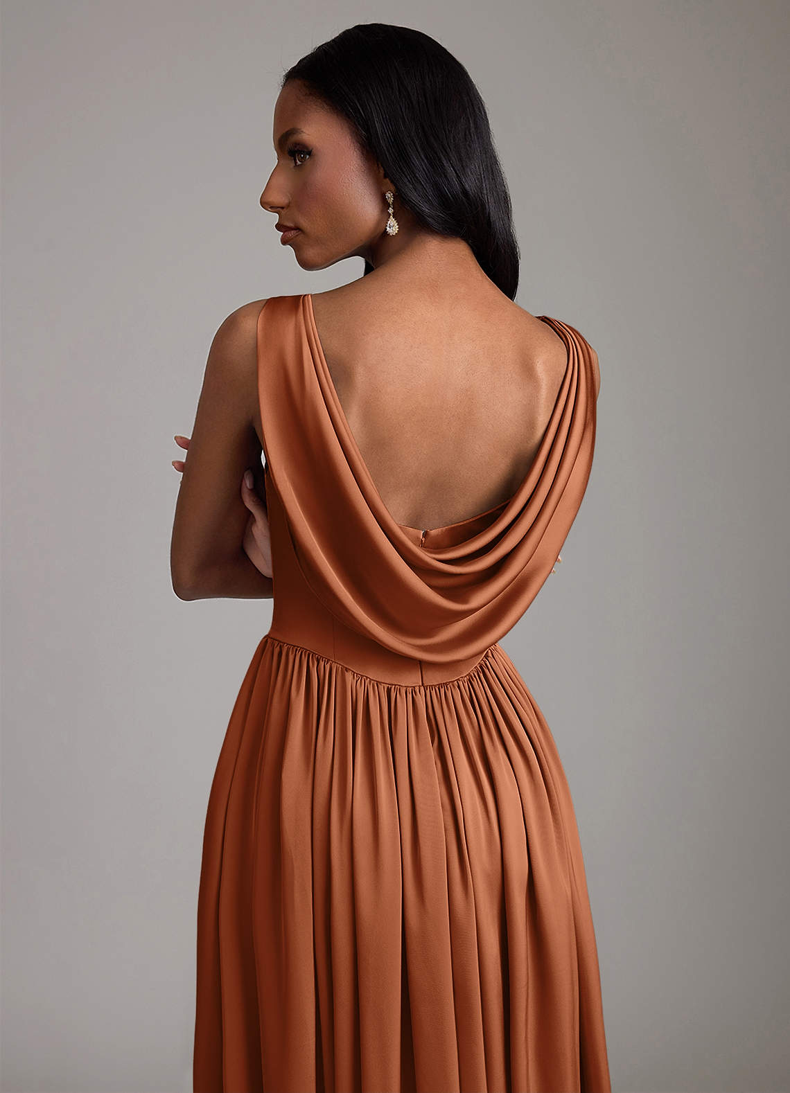 copper rust bridesmaid dresses Azazie Novi Stretch Satin boho rust bridesmaid dress