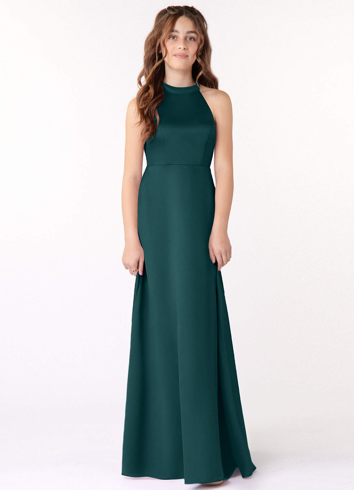 Azazie Laurel Junior Pine A-Line Stretch Satin Dress image1