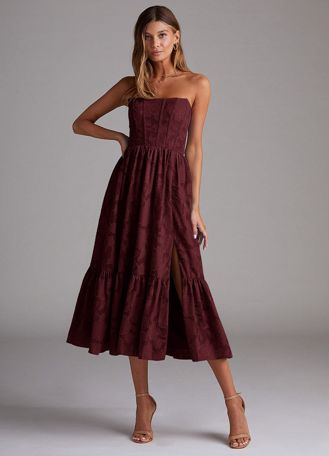 Azazie Delphina Bridesmaid Dresses Cabernet A-Line Strapless Floral Burnout Convertible Dress image1