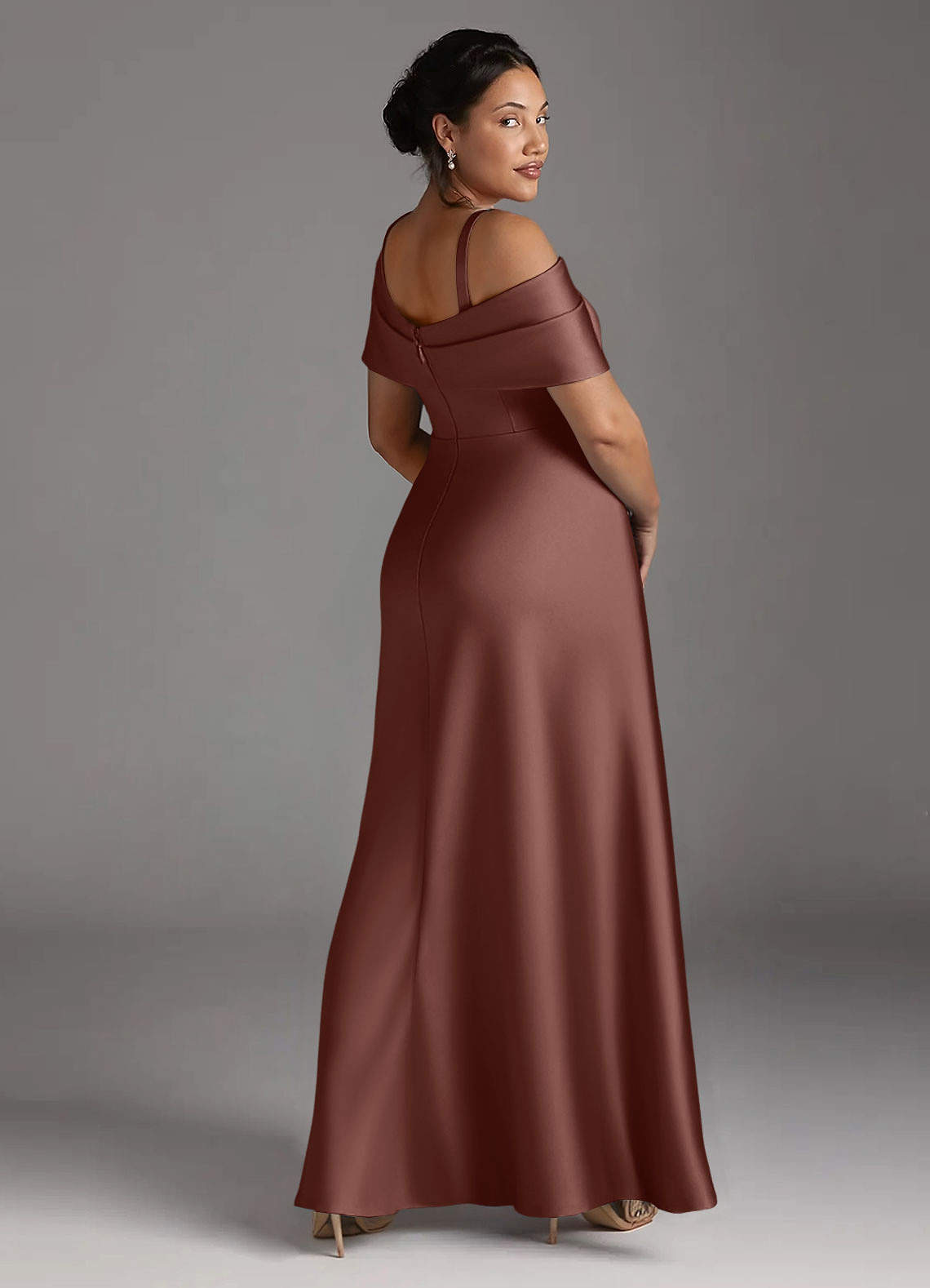 Azazie Milton Mother of the Bride Dresses Espresso A-Line Pleated Stretch Satin Dress image11