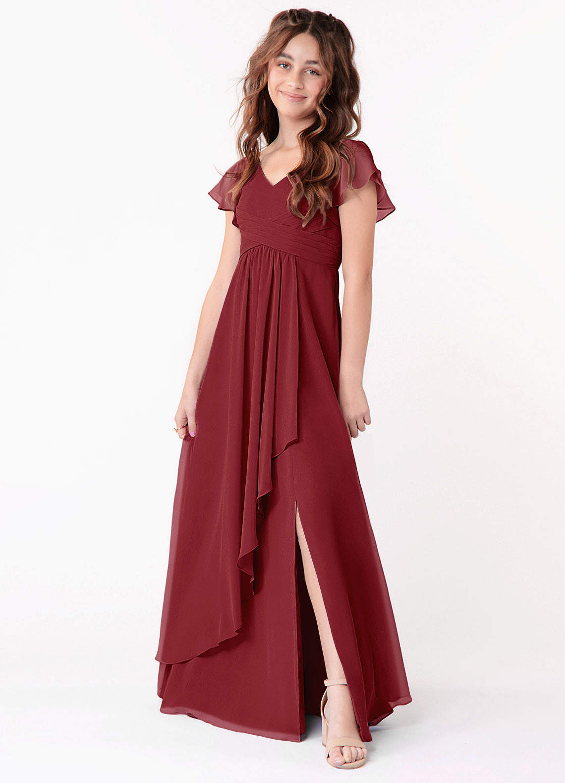 Azazie Omari Junior A-Linie Gestreift Chiffon Kleid Granatapfelrot image1