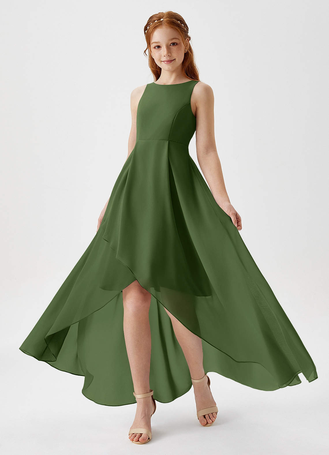 Azazie Lizette Junior Olive A-Line Pleated Chiffon Dress image1