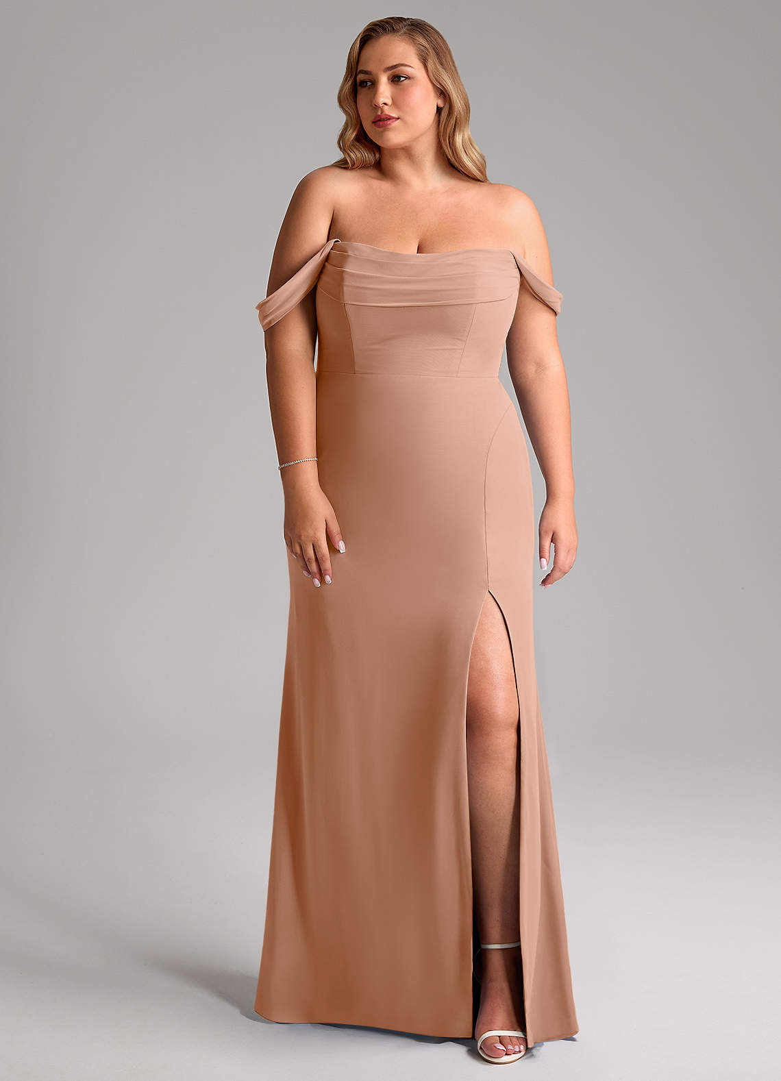 Azazie Saige Bridesmaid Dresses Champagne Rose A-Line Off the Shoulder Chiffon Convertible Dress image1