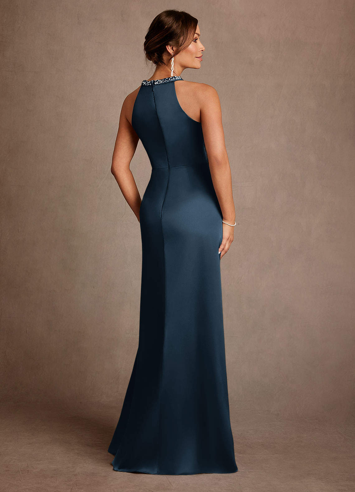 Azazie Lawrence Mother of the Bride Dresses Dark Navy A-Line Pleated Stretch Satin Dress image2