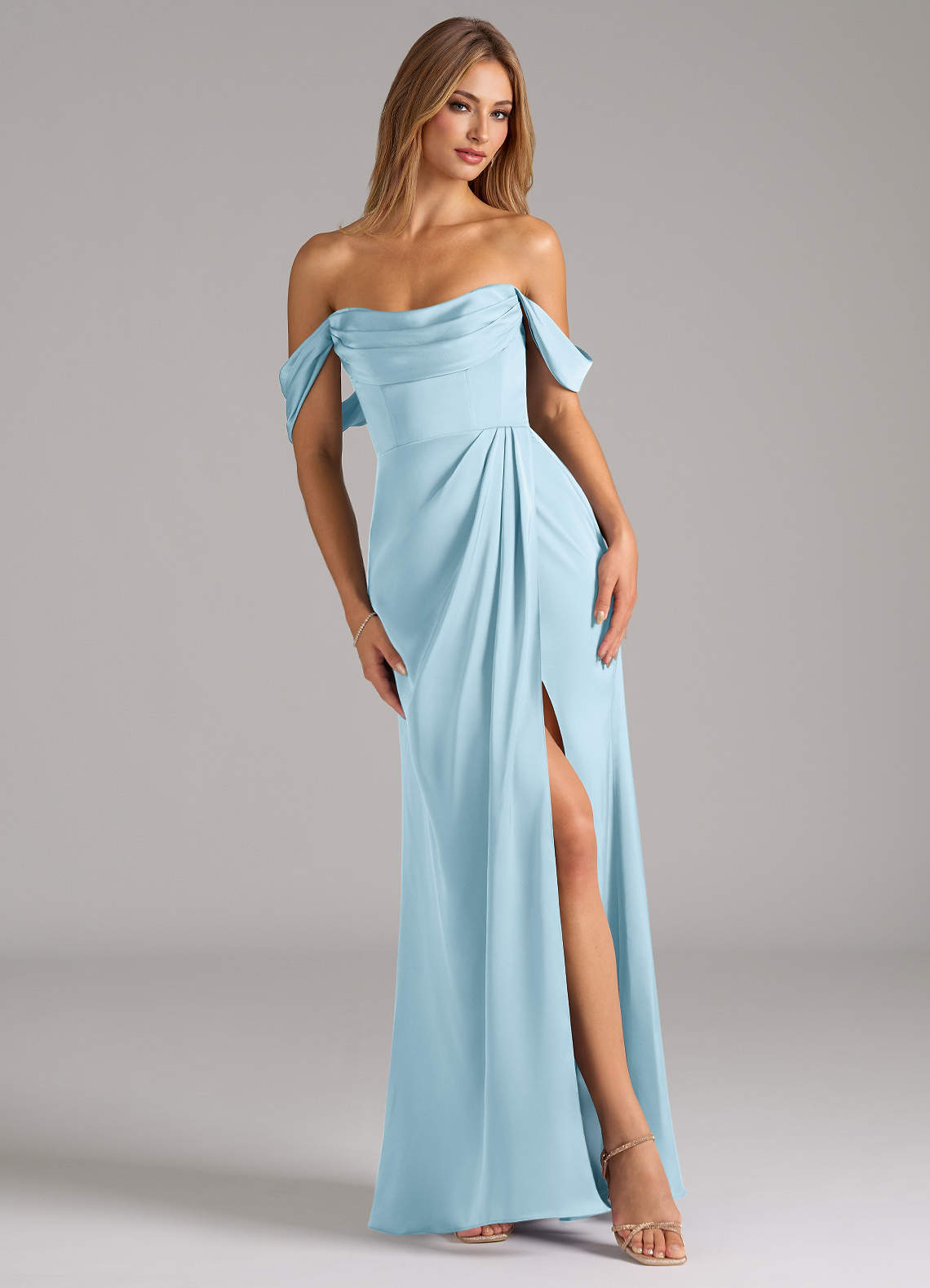 Azazie Johana Bridesmaid Dresses Sky Blue Mermaid Off the Shoulder Stretch Satin Convertible Dress image1