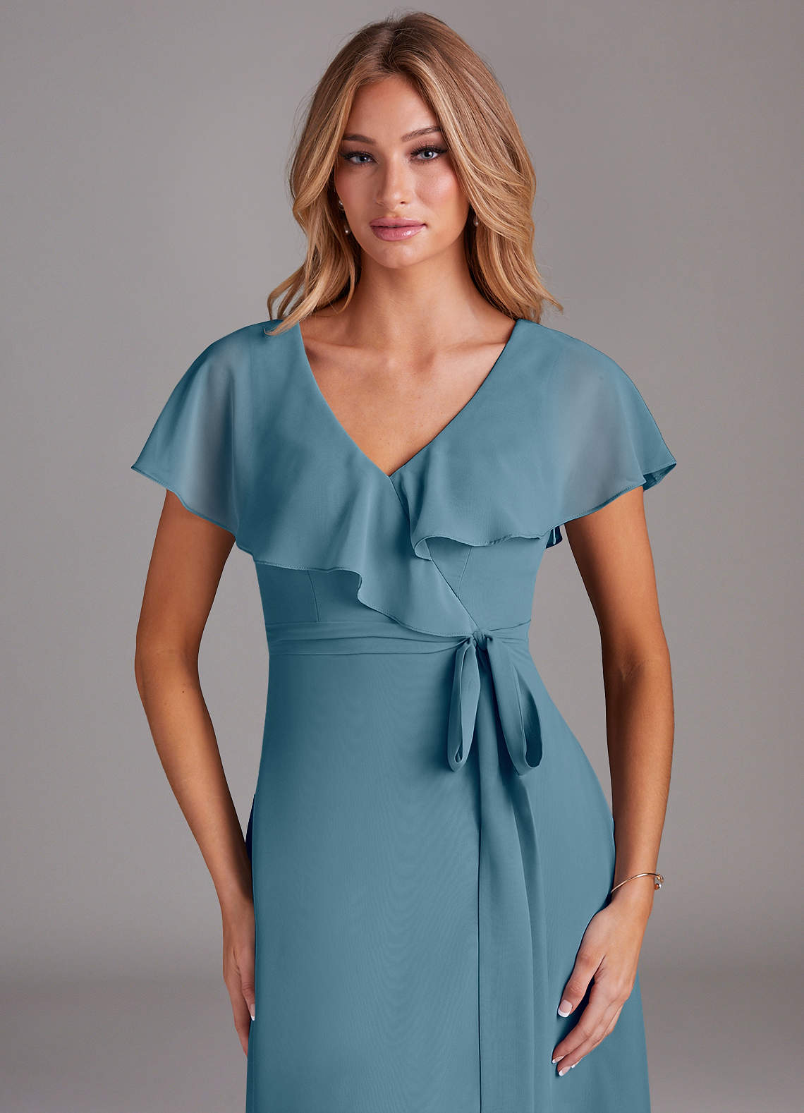 Azazie Lainey At-home Try On Dresses Dusty Sage A-Line with Pockets Chiffon Dress image5