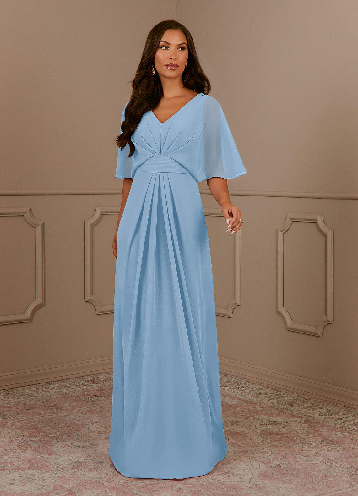 Azazie Oksana Powder Blue A-Line V-Neck Pleated Chiffon Dress
