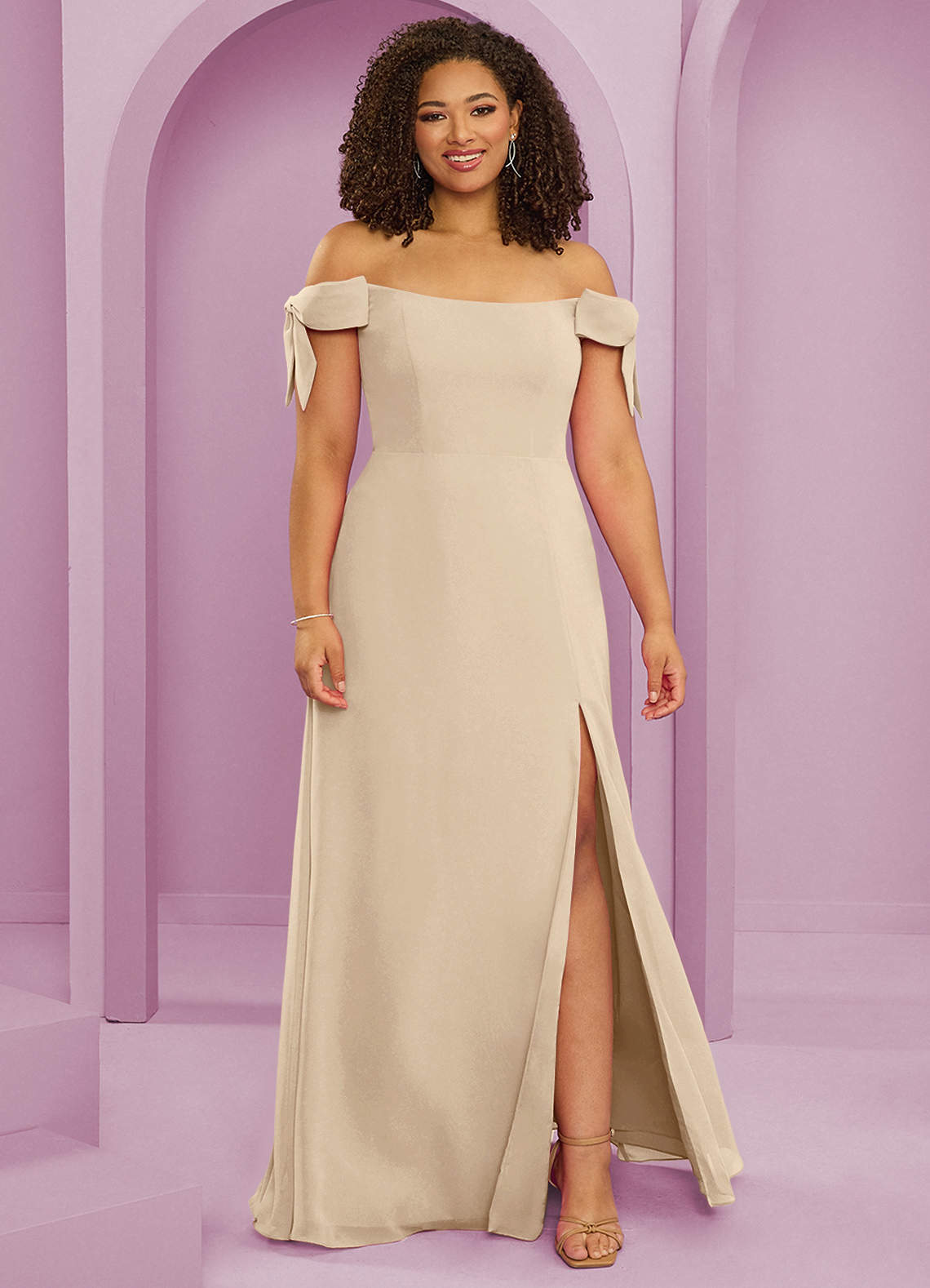 Barbie ♥ Azazie Jurken voor bruidsmeisjes Converteerbaar Jurk van Chiffon met A-Lijn Off the Shoulder Champagne image1