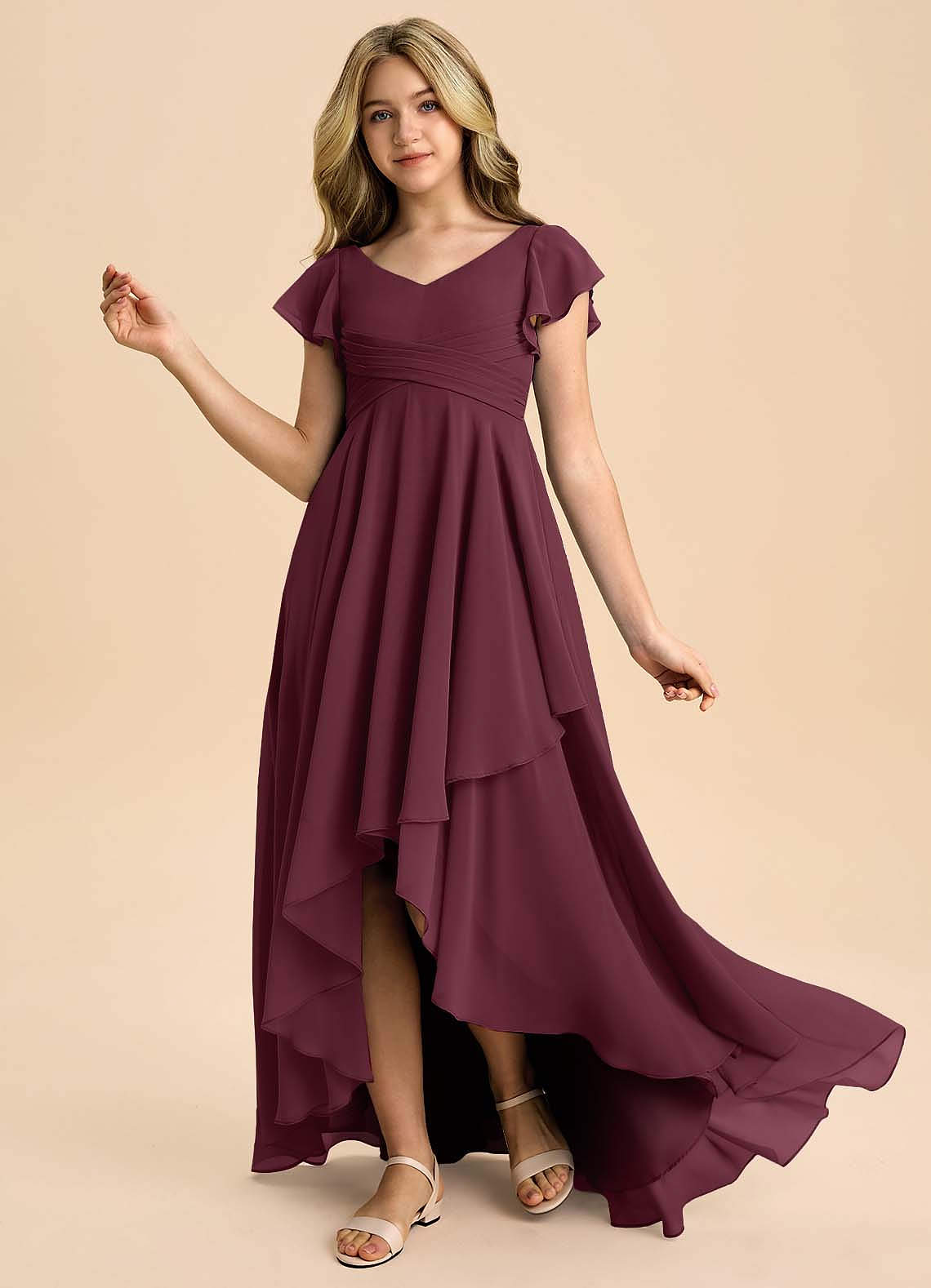 cabernet junior bridesmaid dresses Cicinia Junior Bridesmaid Dress with Cascade, Chocolate