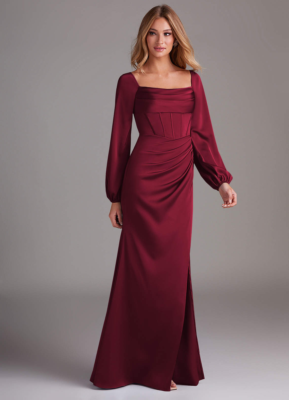 Azazie Charissa Bridesmaid Dresses Burgundy Sheath Long Sleeve Stretch Satin Dress image5