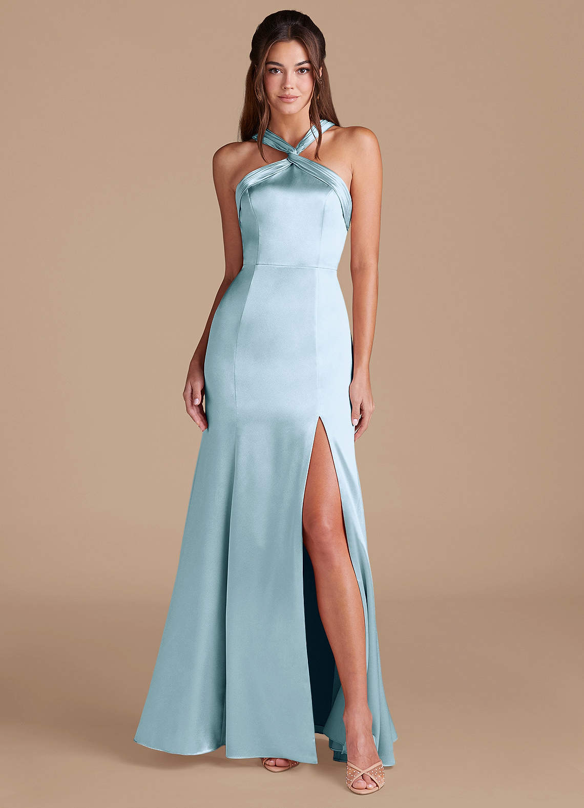 Azazie Rue Bridesmaid Dresses Sky Blue Sheath Pleated Metallic Satin Dress image1