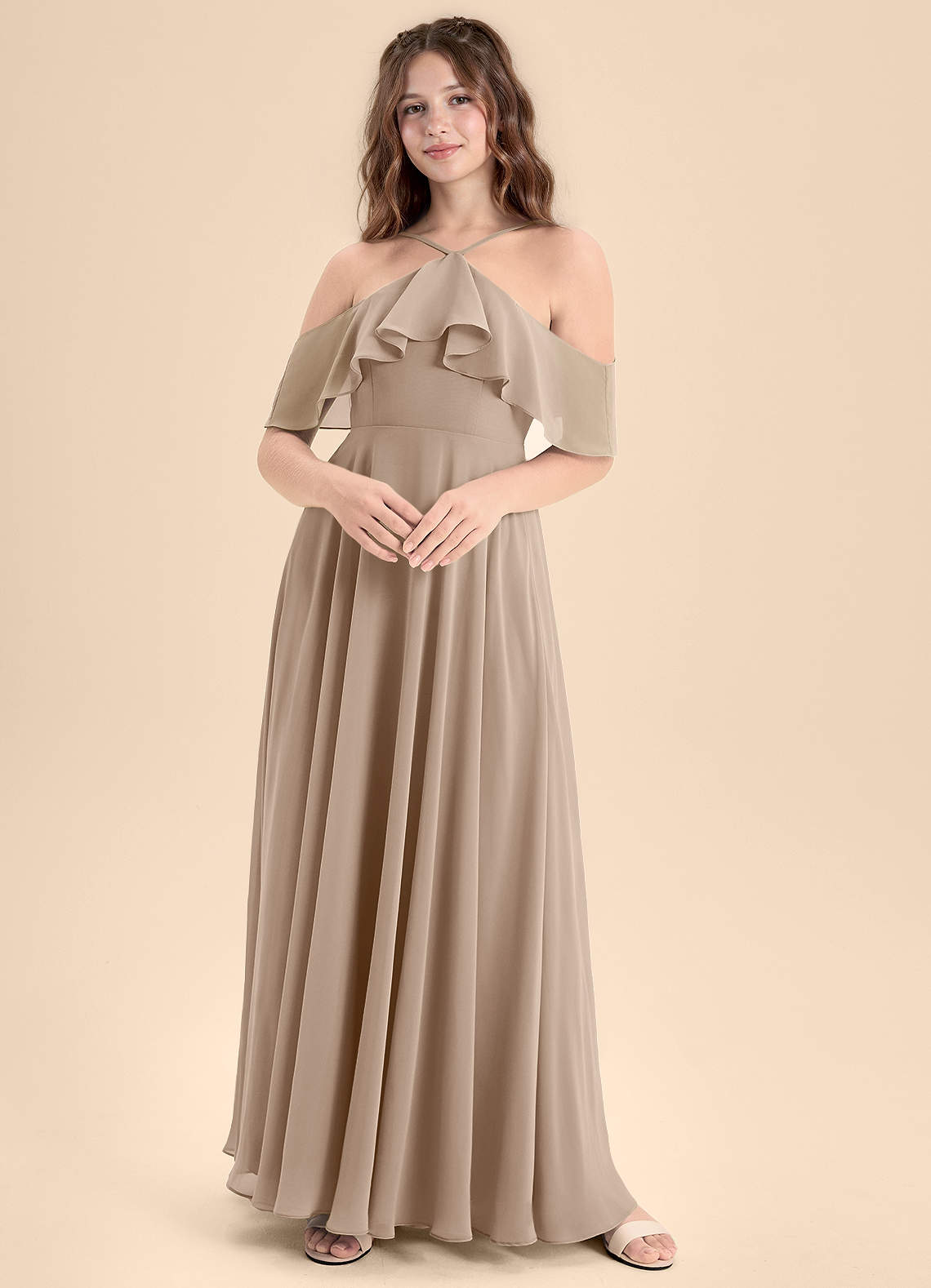 Azazie Tessabelle Junior A-Linie Schulterfrei Chiffon Kleid Taupe image1