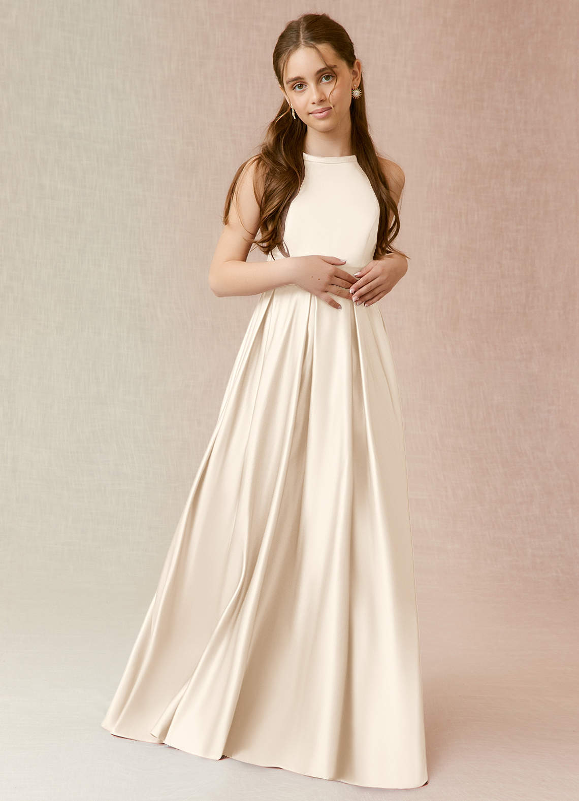 Azazie Arianthe Junior White Alabaster A-Line with Pockets Matte Satin Dress image1