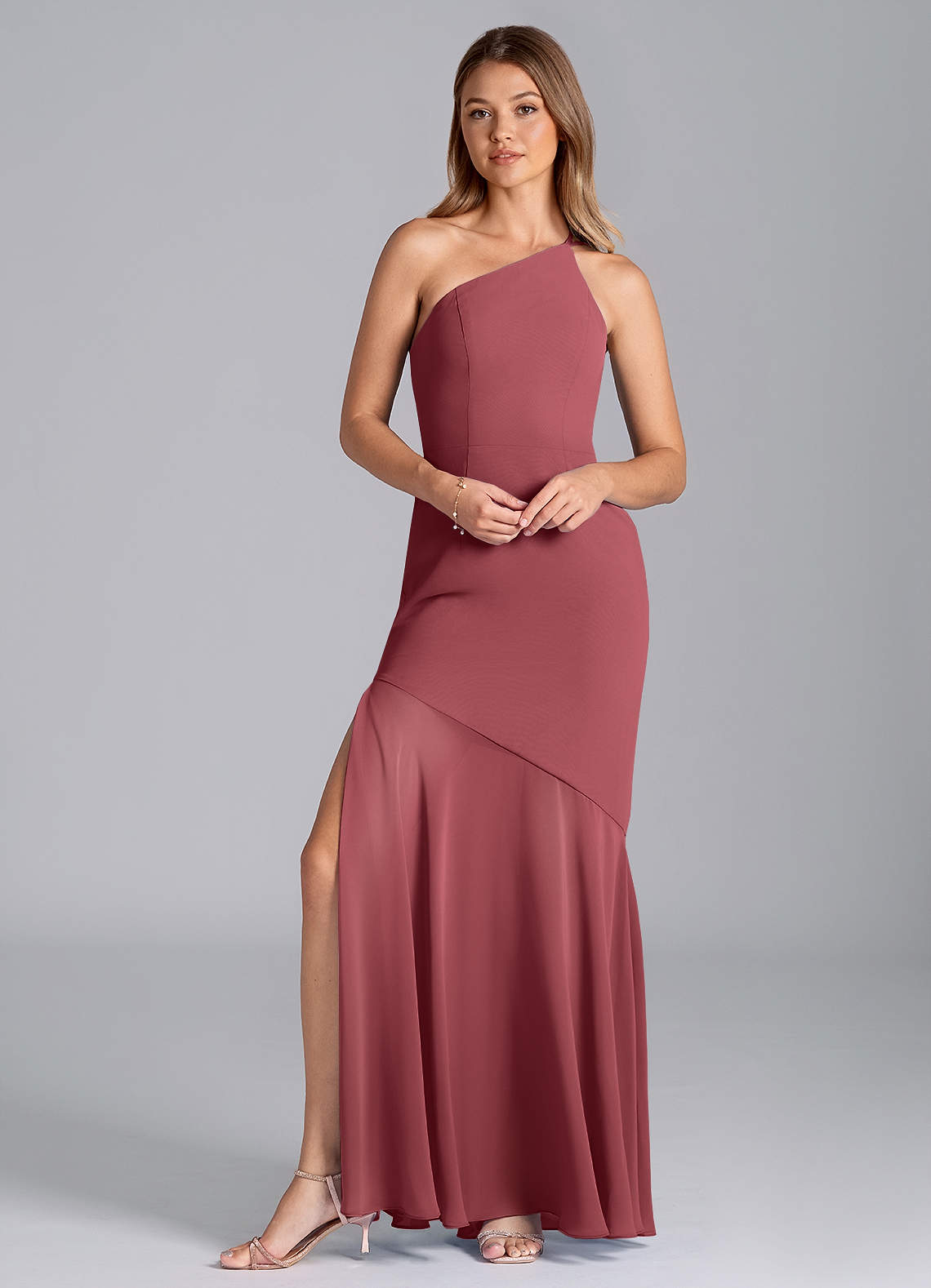 Azazie Tilla 신부 들러리 드레스 인어 한쪽 어깨 쉬폰 바닥 길이 드레스 image1