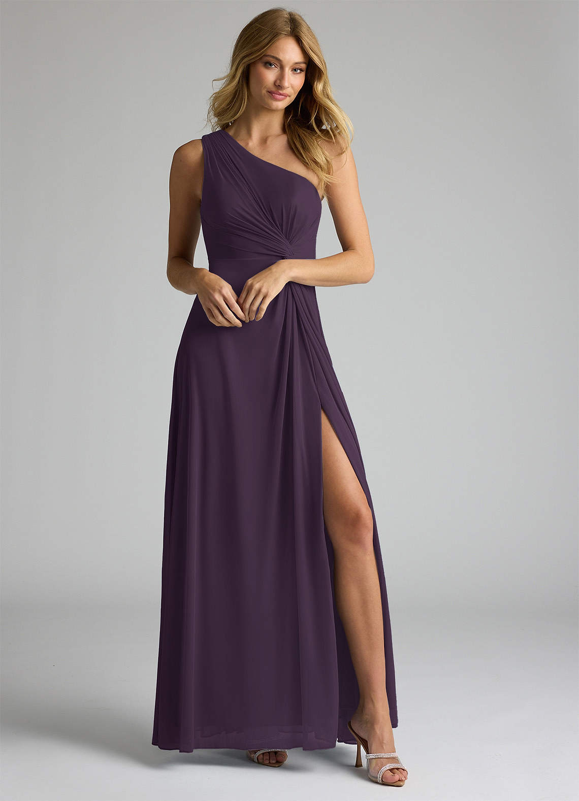 Azazie Brooke Jurken voor bruidsmeisjes Jurk van Mesh met A-Lijn One-Shoulder Pruim image1