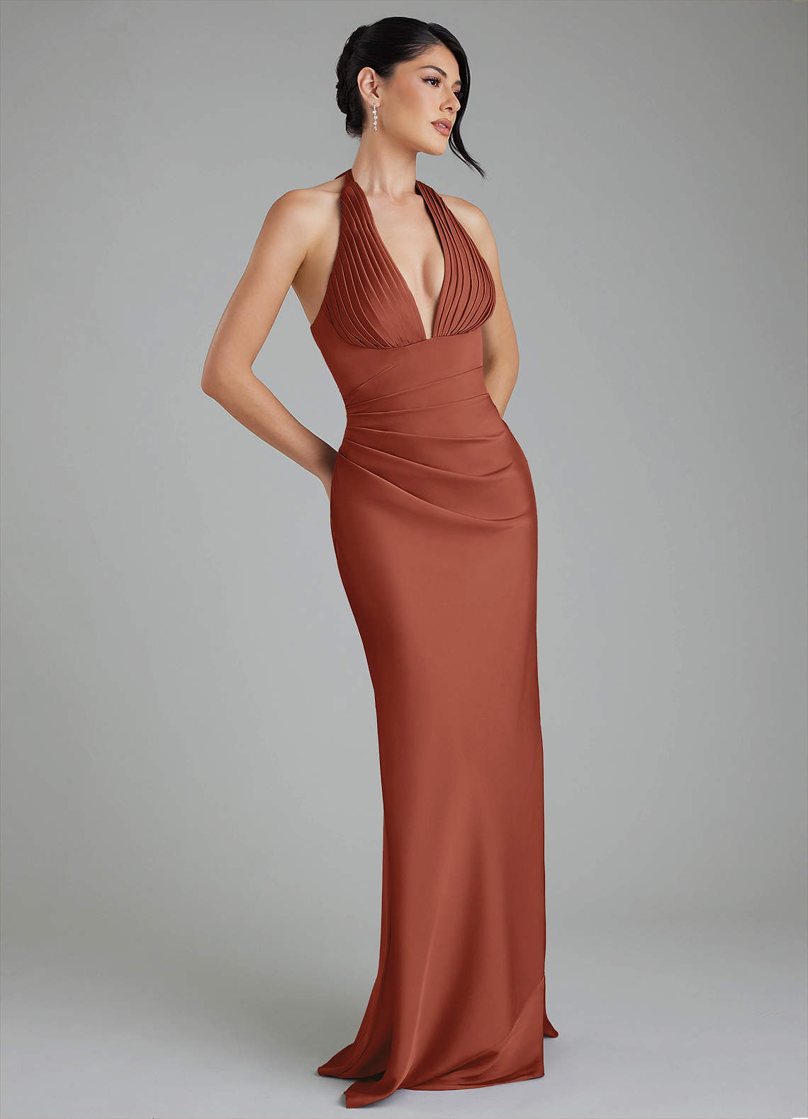 azazie auburn bridesmaid dress Azazie Torrance Auburn Stretch Satin Bridesmaid Dresses