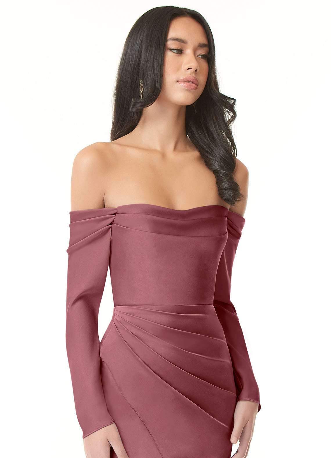 Azazie Hallie Bridesmaid Dresses Desert Rose Sheath Off-The-Shoulder Long Sleeve Stretch Satin Convertible Dress image1