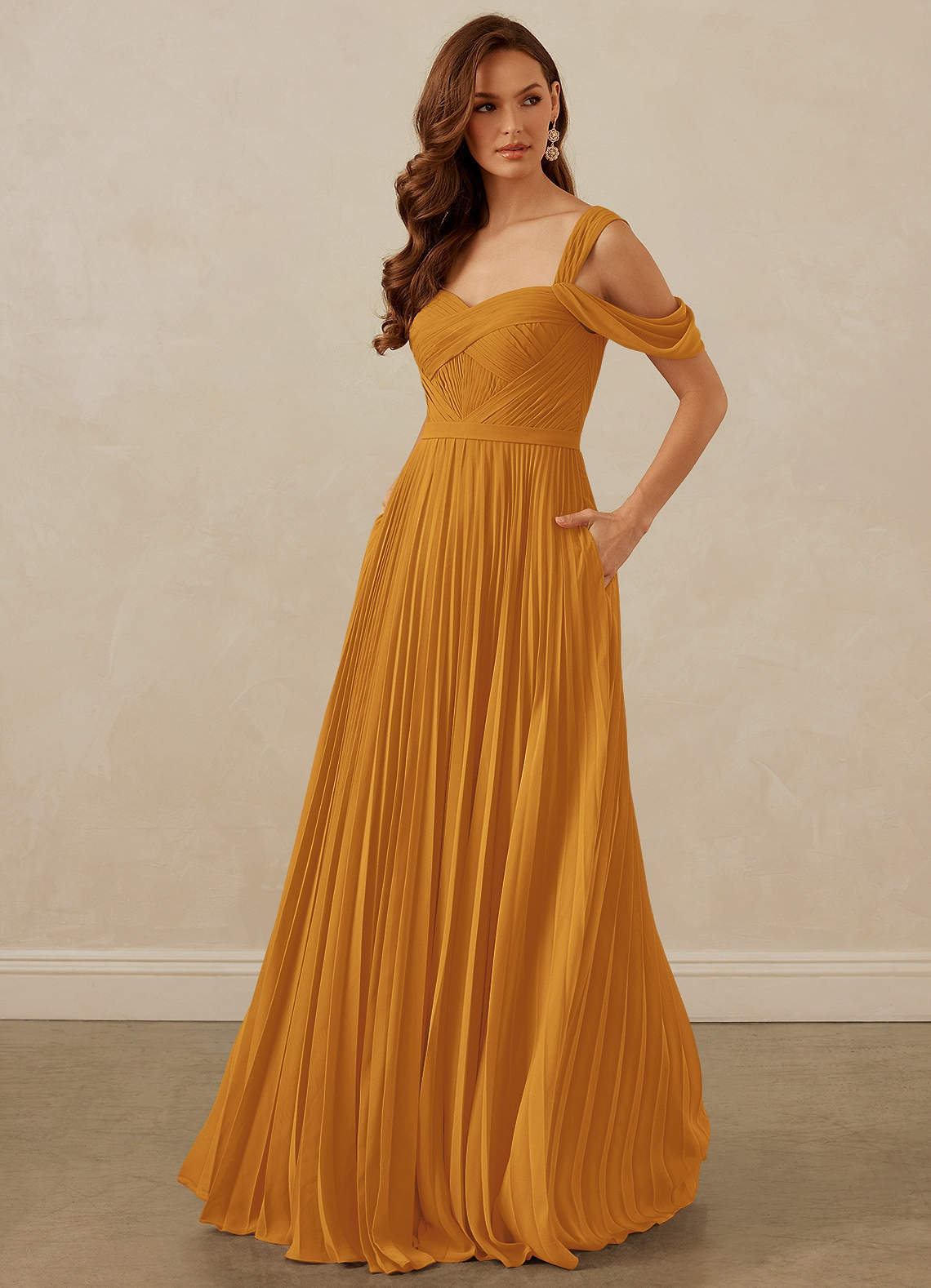 Christian Siriano Bridal for Azazie 1013 Bridesmaid Dresses Butterscotch A-Line Off the Shoulder Chiffon Dress image1