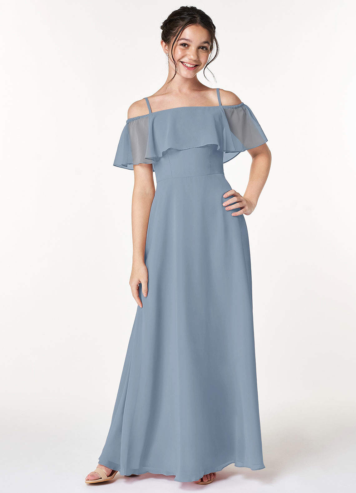 Azazie Maggie Junior Dusty Blue A-Line Off the Shoulder Chiffon Dress image2