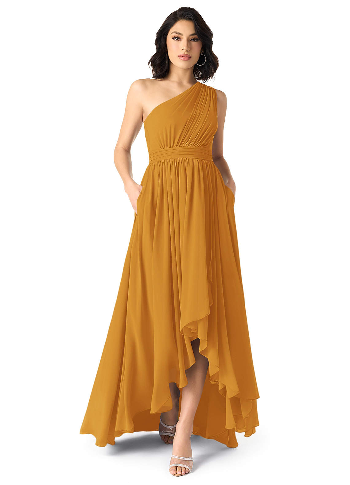 Azazie Mathilda Abiti da Damigella Abito A-Line in Chiffon Monospalla Caramello image1