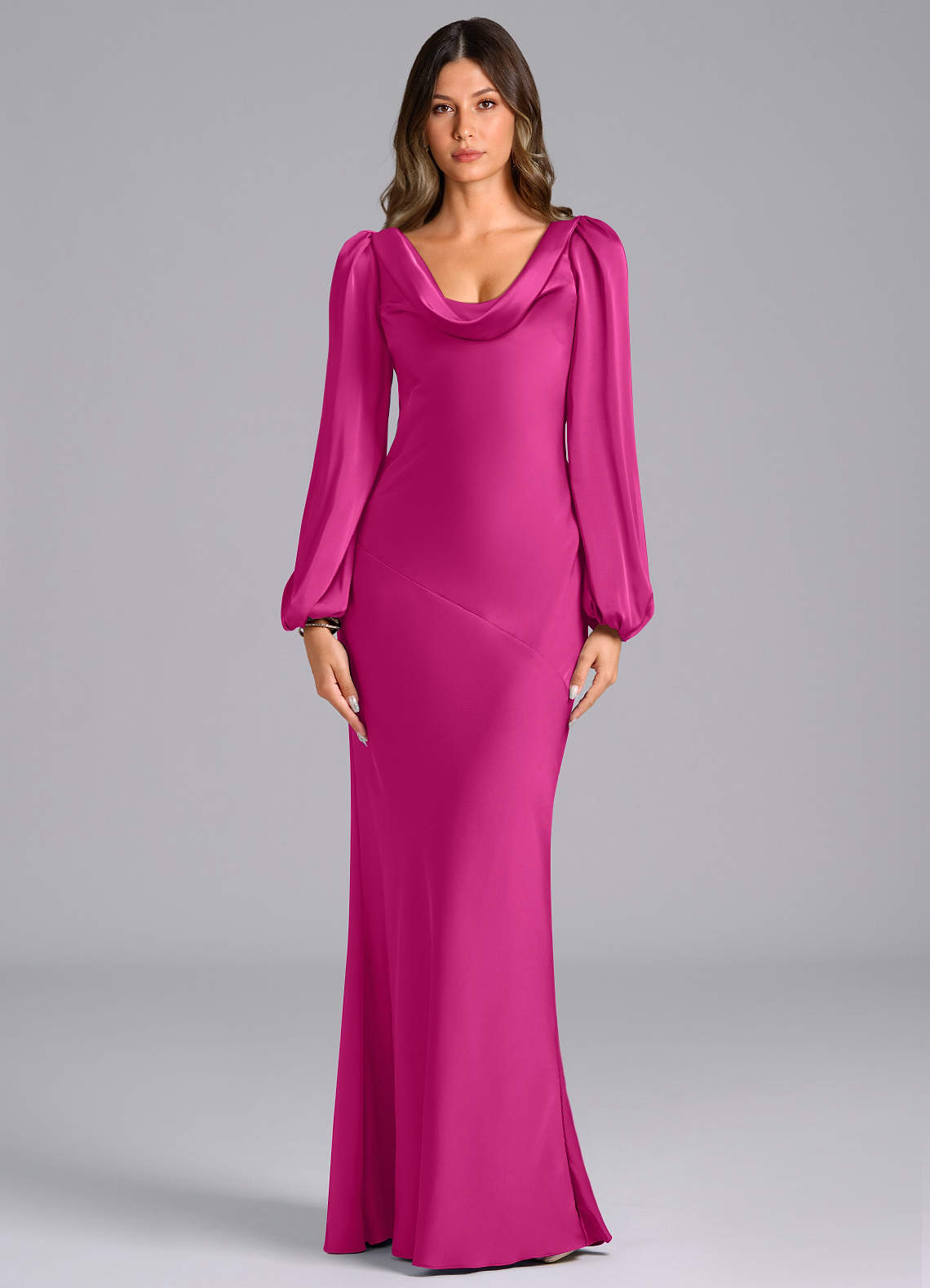 Azazie Rylina Bridesmaid Dresses Fuchsia Mermaid Long Sleeve Stretch Satin Dress image1