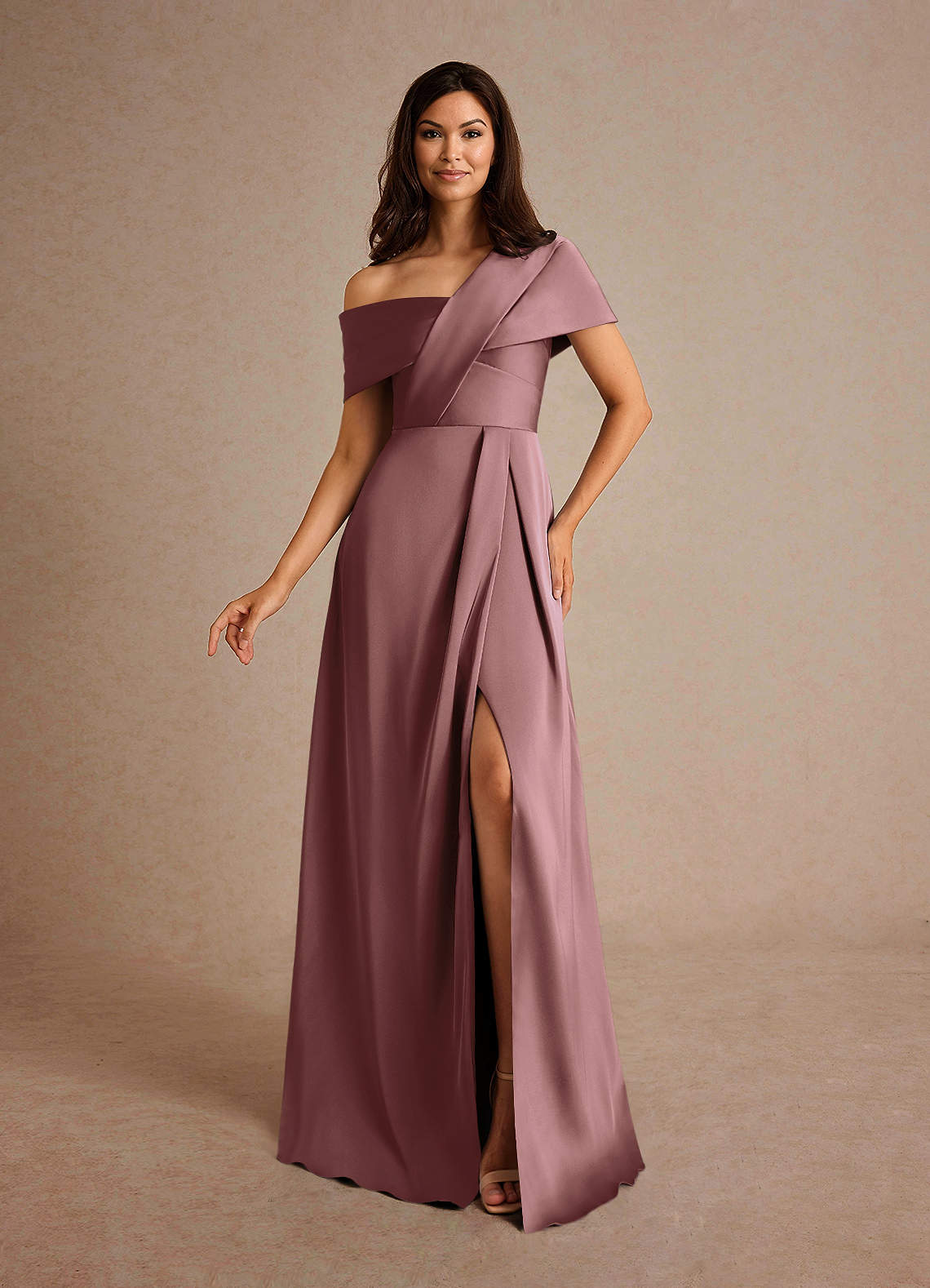 Azazie Milton Mother of the Bride Dresses Vintage Mauve A-Line Pleated Stretch Satin Dress image1