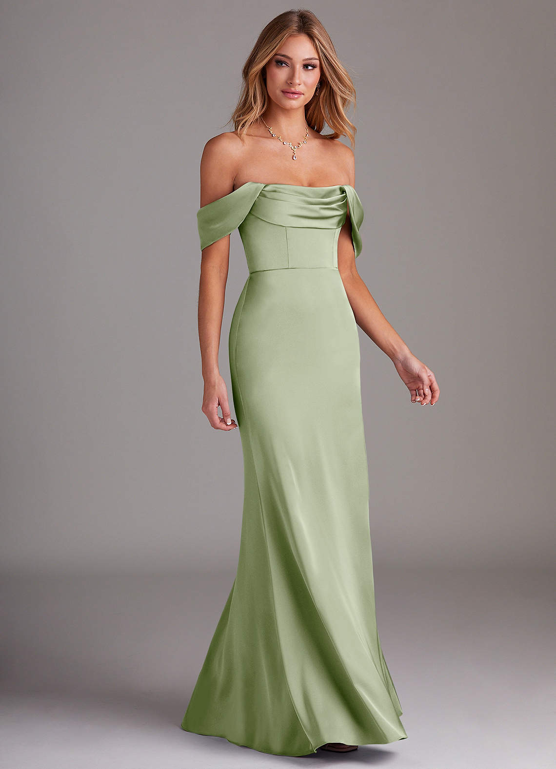 Azazie Saige Bridesmaid Dresses Dusty Sage Sheath Off the Shoulder Stretch Satin Dress image5