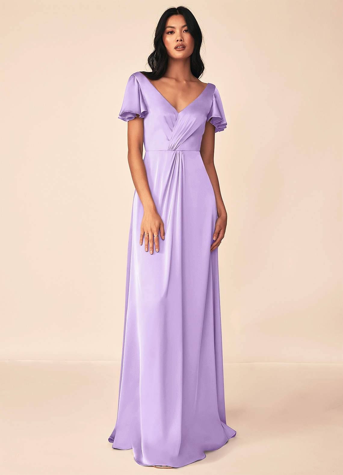 Azazie Soren Robes de demoiselle d'honneur Robe Trapèze en Satin extensible Plissée Lilas image1
