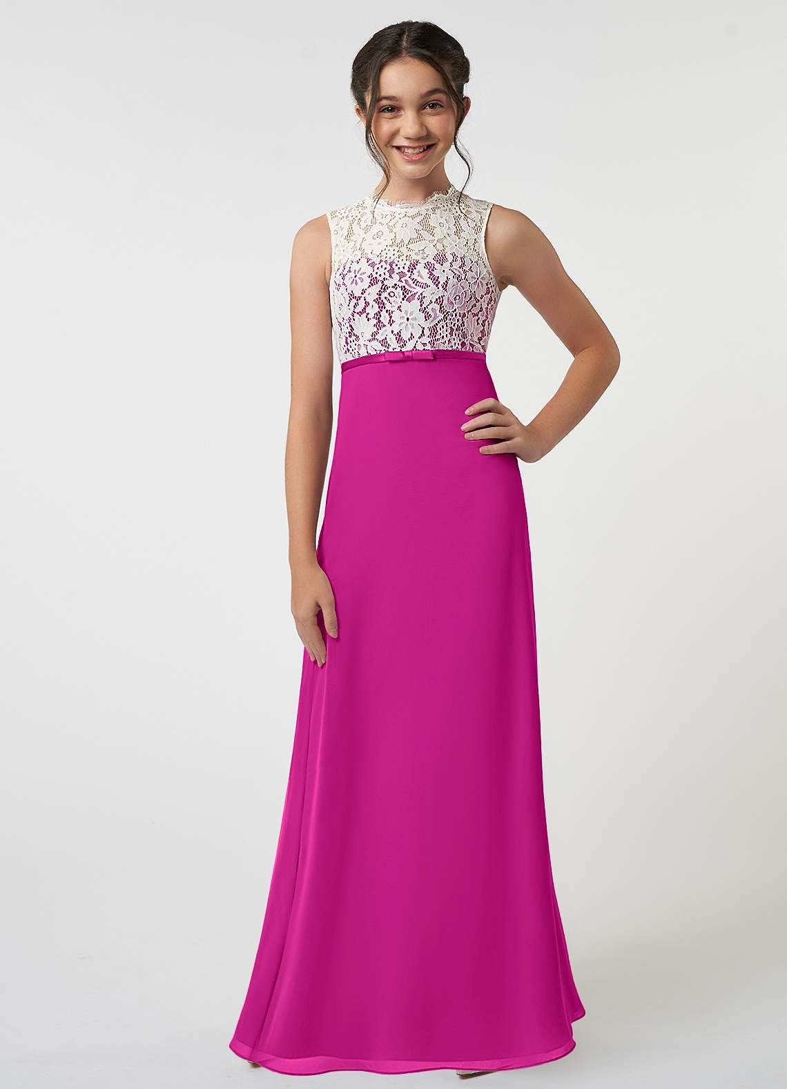 Azazie Rana Junior Fuchsia A-Line Lace Chiffon Dress image1