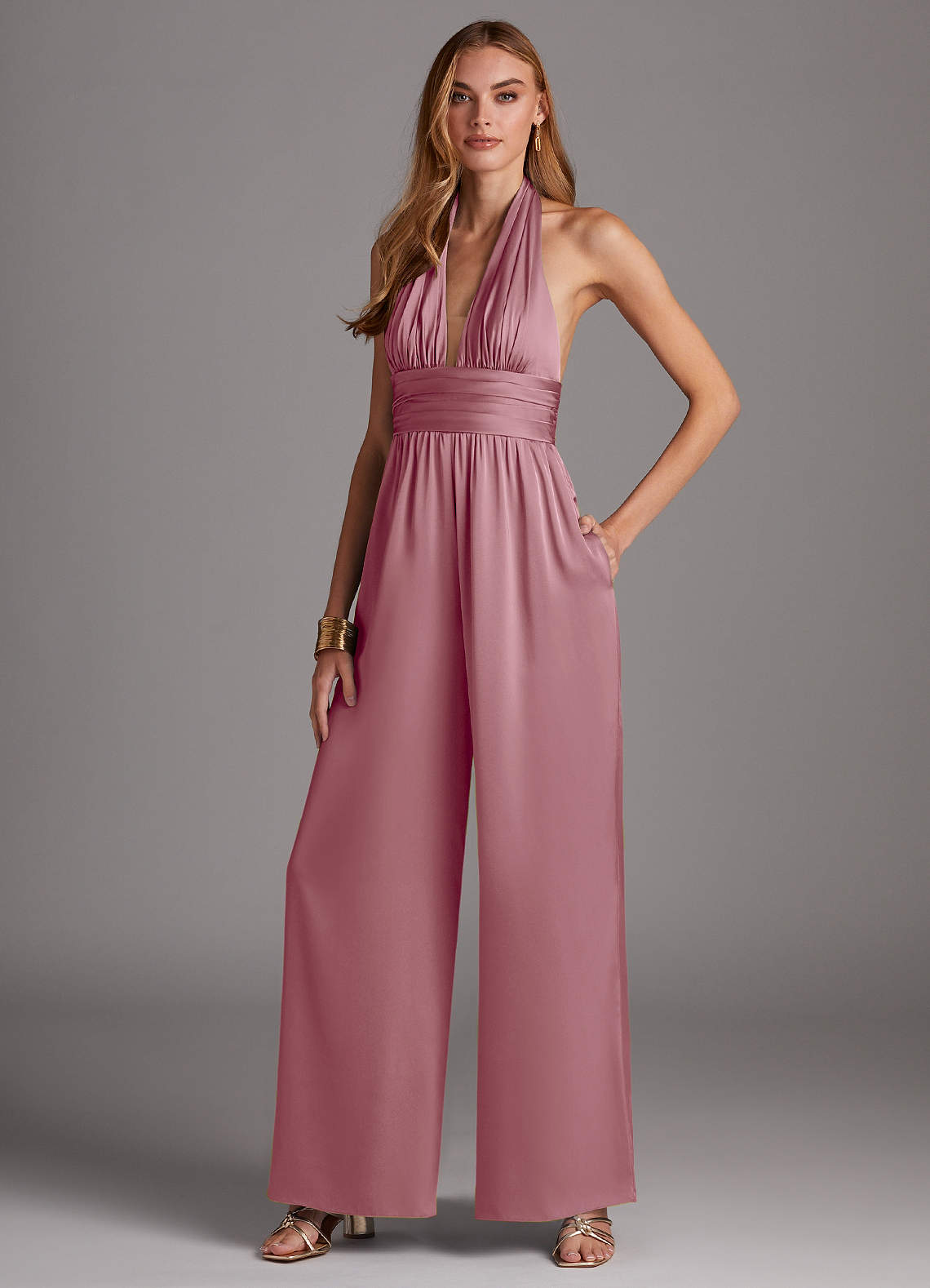 Azazie Oli Robes de demoiselle d'honneur Combinaison en Satin extensible Plissée Mauve Vintage image1