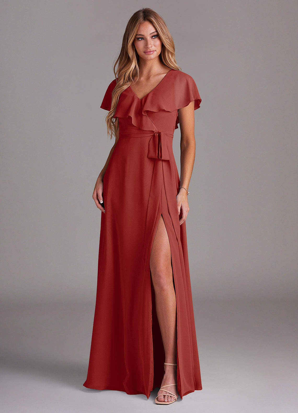 Azazie Lainey Terracotta Chiffon Bridesmaid Dresses | Azazie