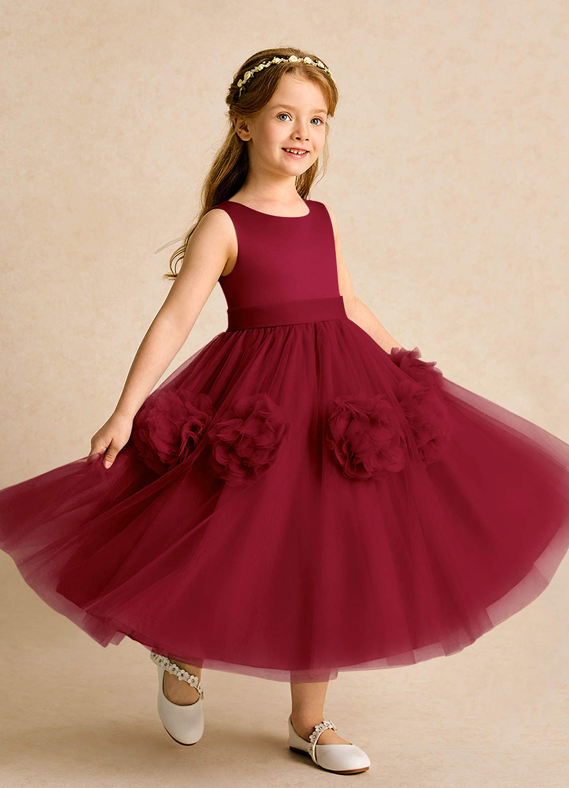 Azazie Vola Flower Girl Dresses Burgundy Ball-Gown Sleeveless Tulle Dress image1