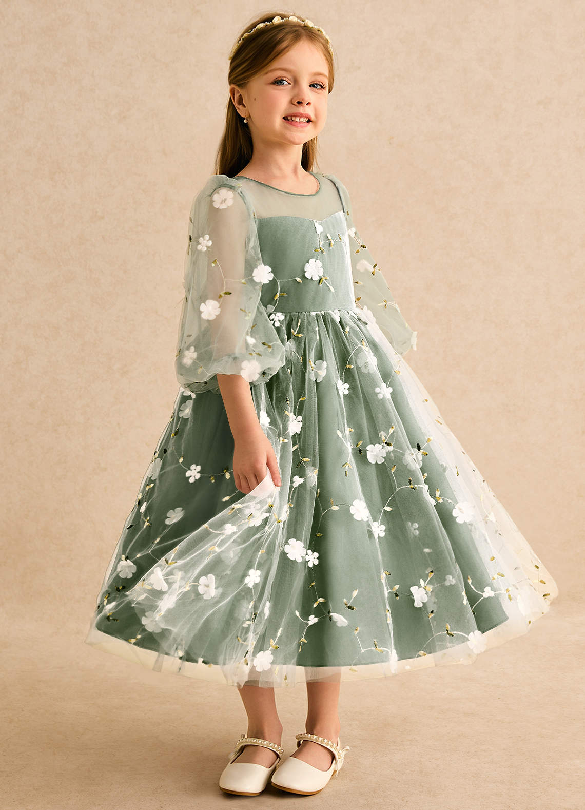 Azazie Elowen Flower Girl Dresses Olive A-Line Sweetheart Neckline Lace Dress image3