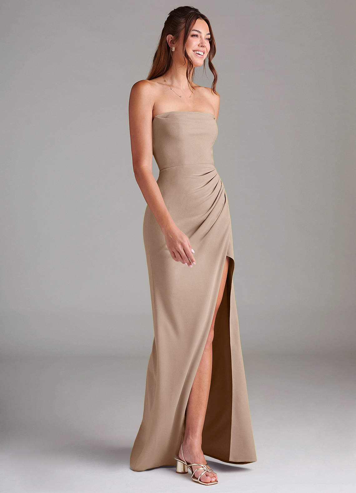 crepe taupe bridesmaid dresses Azazie Leonis