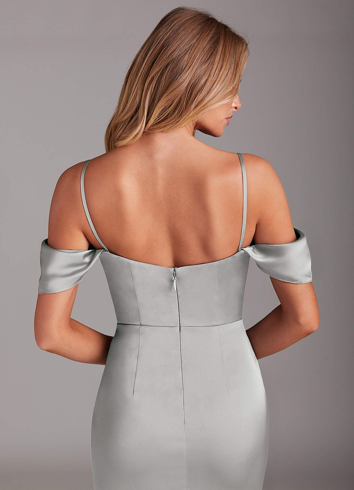 Azazie Saige Bridesmaid Dresses Silver Sheath Off the Shoulder Stretch Satin Dress image7