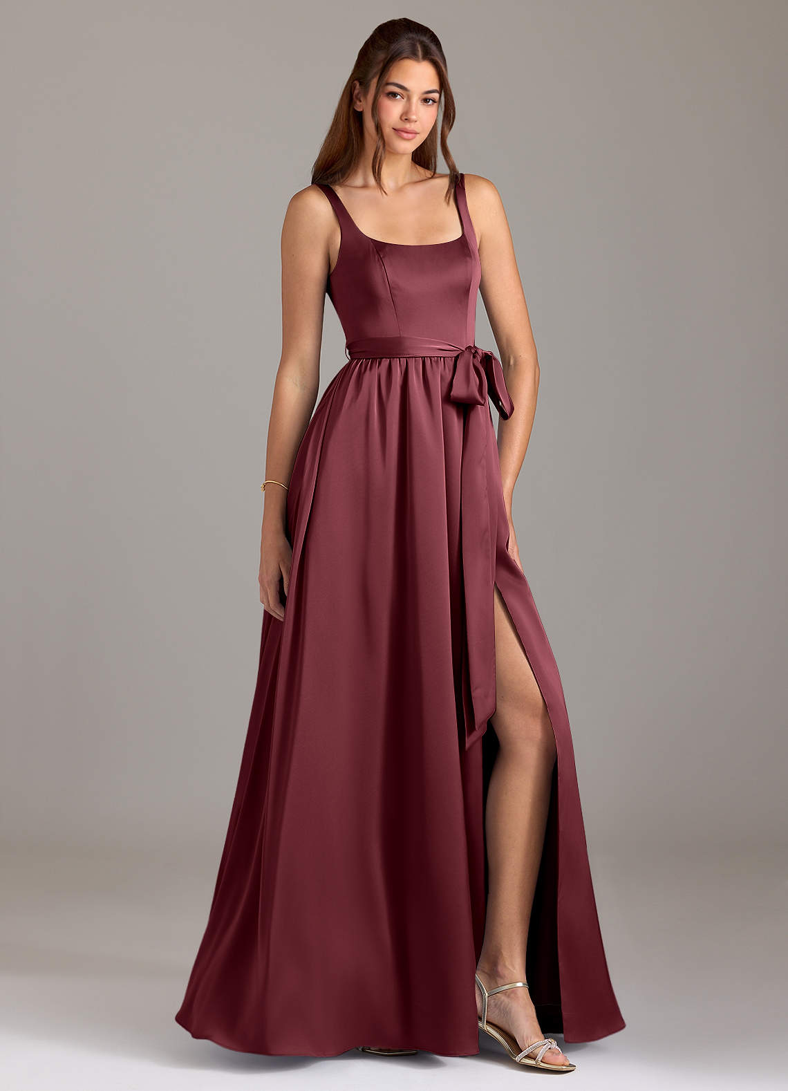 Azazie Elliott Bridesmaid Dresses Merlot A-Line with Pockets Stretch Satin Dress image1
