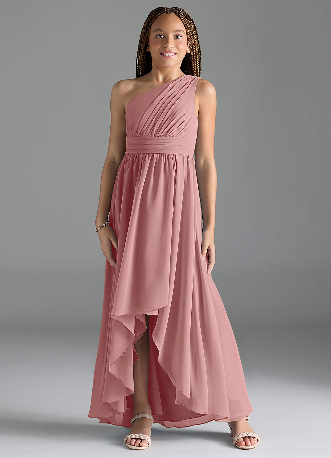 Azazie Mathilda Junior Vestido de Rosa Polvorienta de Gasa de Corte En A con Plisado image1