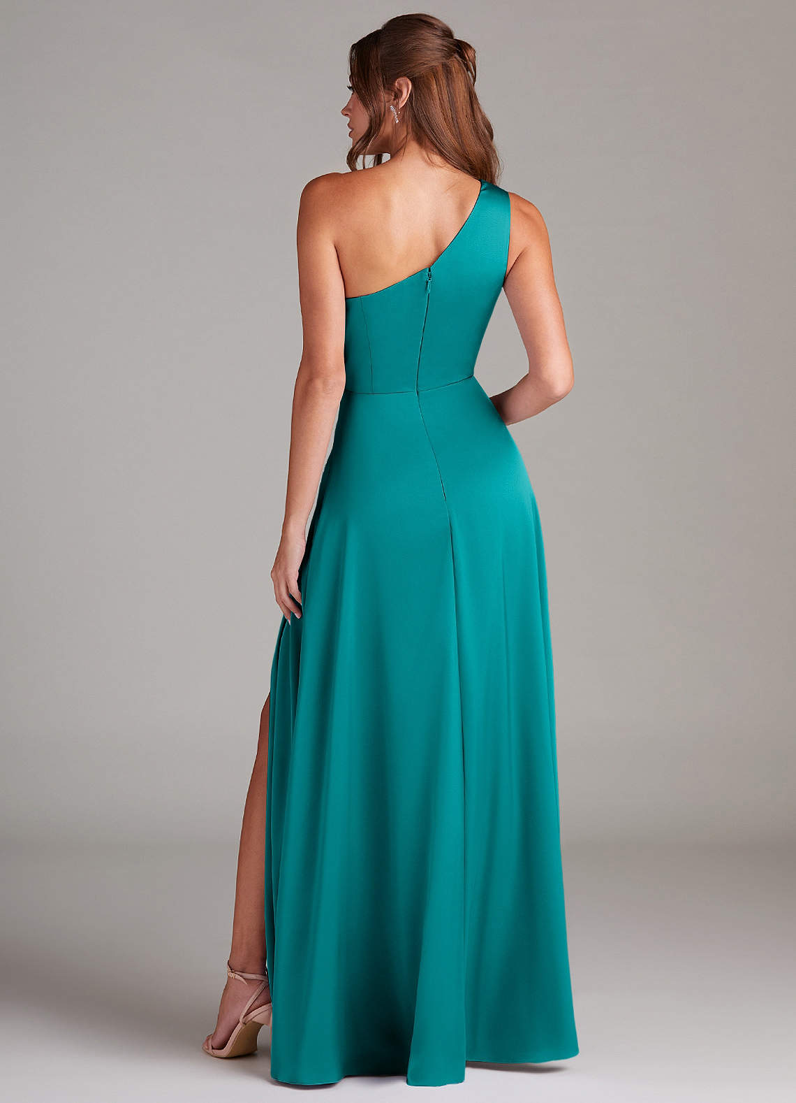Azazie Brooke Bridesmaid Dresses Teal A-Line One Shoulder Stretch Satin Dress image6