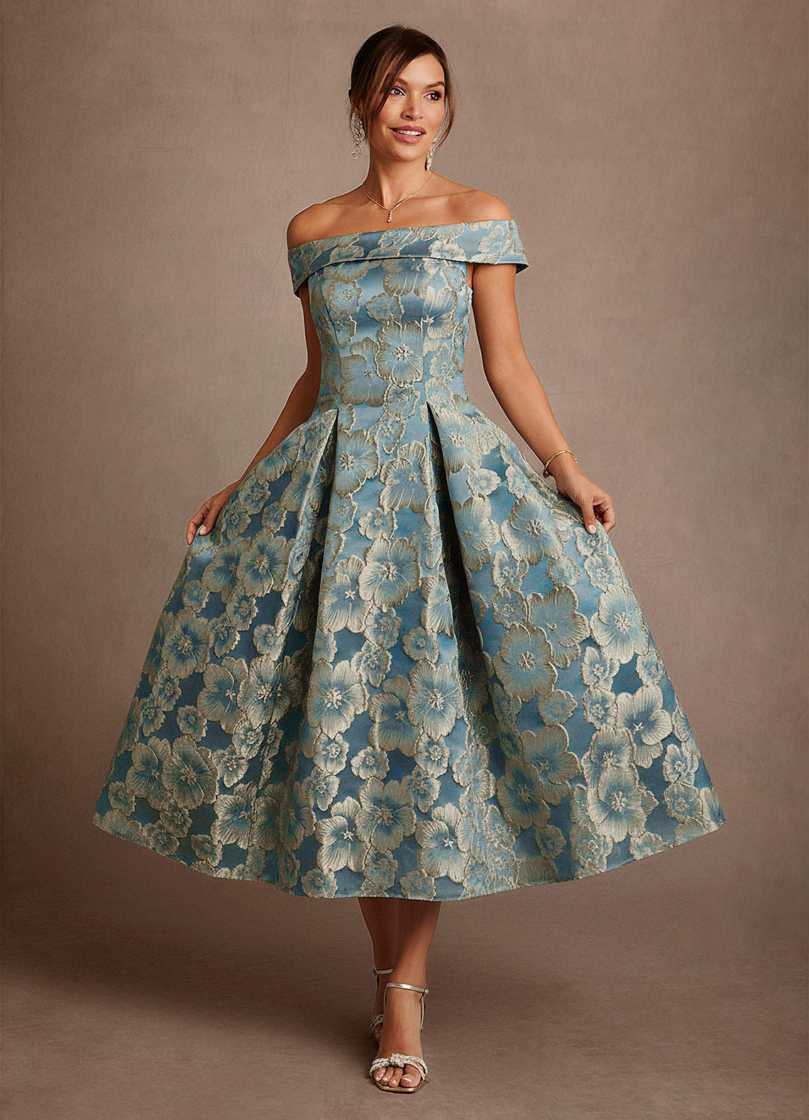 Azazie Centralia Mother of the Bride Dresses Lake Blue Jacquard A-Line Off the Shoulder Floral Jacquard Dress image3