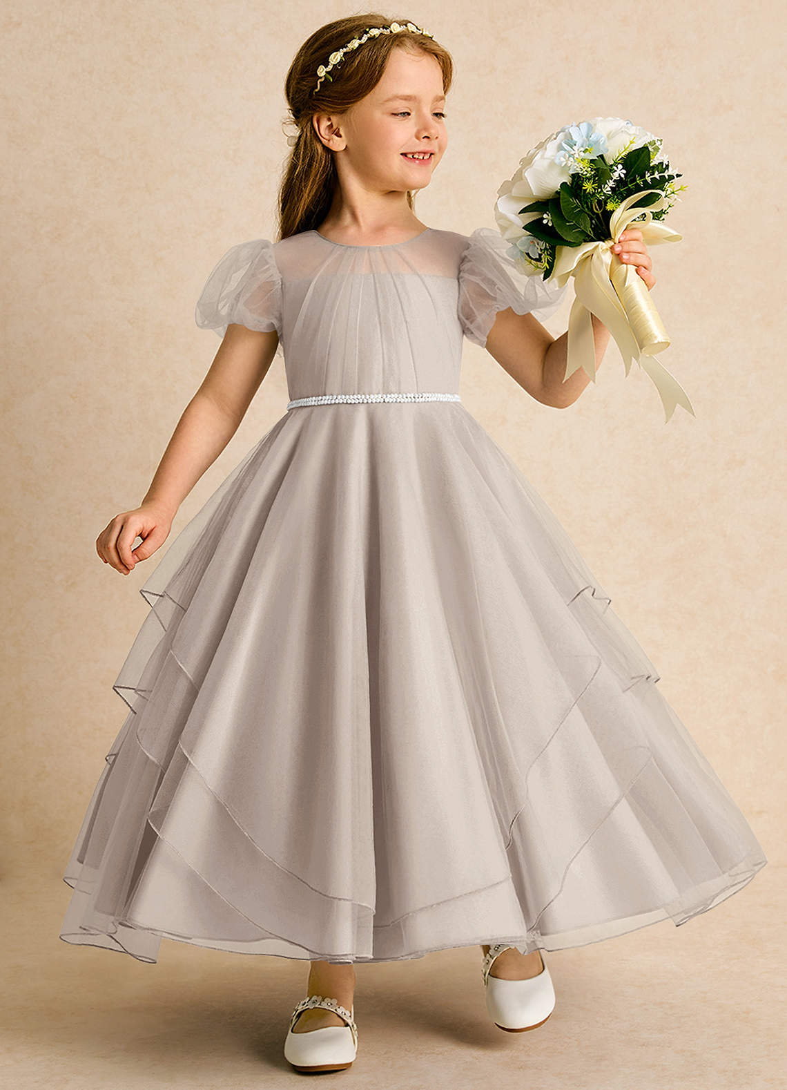 Azazie Duckie Abiti da Ragazza di Fiori Abito Principessa in Tulle Plissettato Gelo image1
