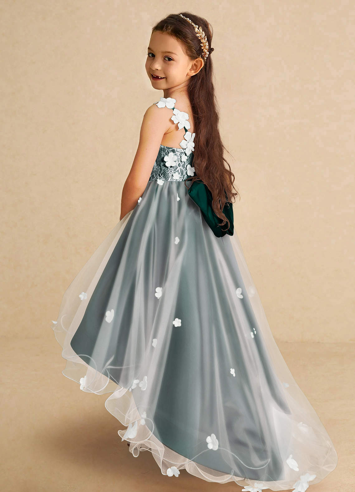 Azazie Celia Flower Girl Dresses Pine A-Line Lace Tulle Dress image1
