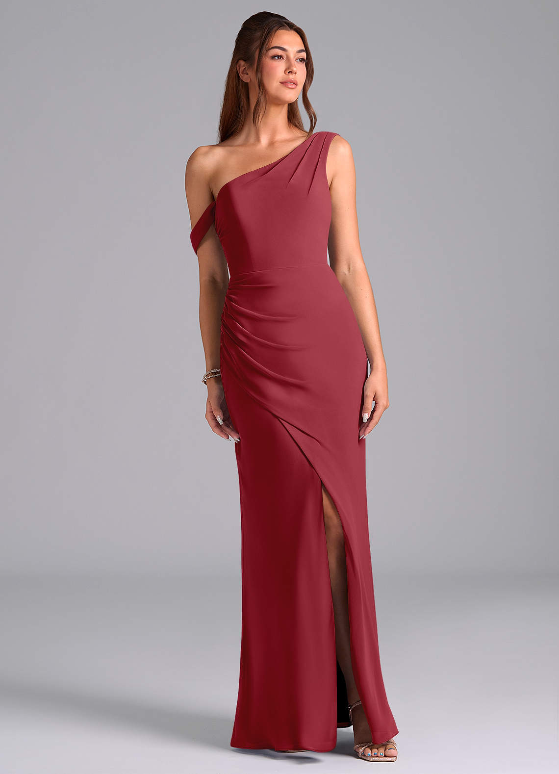 Azazie Madelyn Bridesmaid Dresses Pomegranate Mermaid Off the Shoulder Chiffon Convertible Dress image1