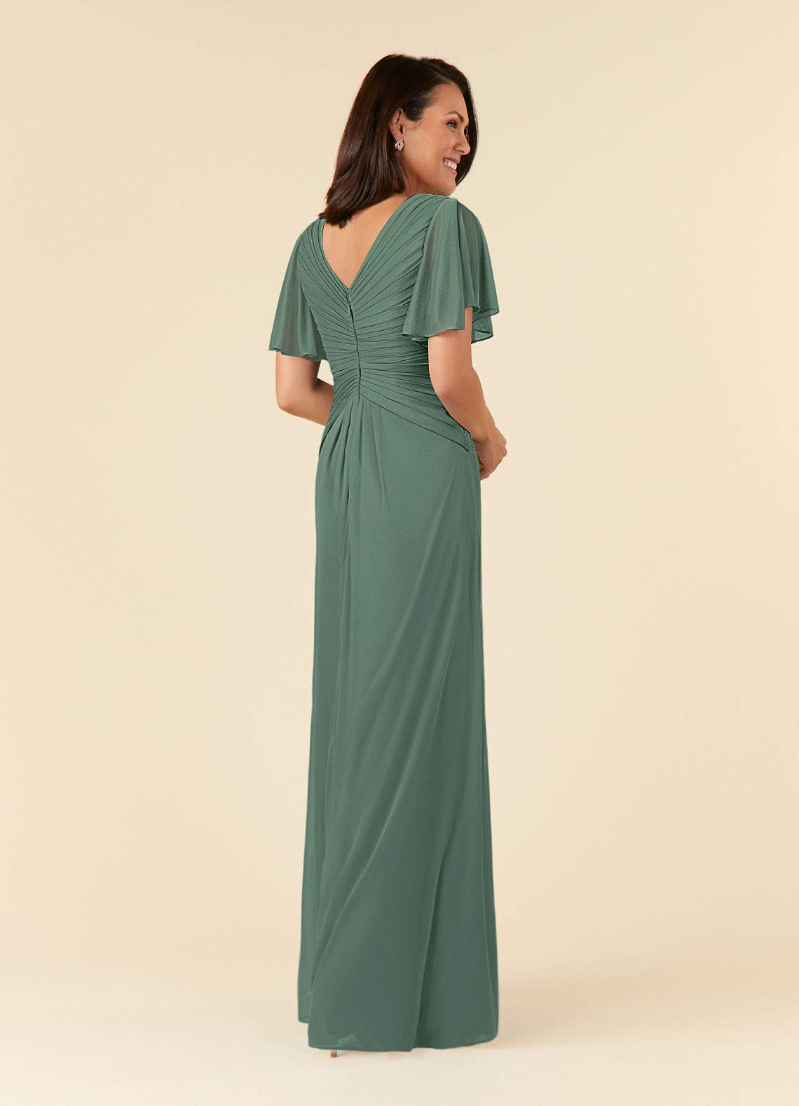 Azazie Emmeline Mother of the Bride Dresses Eucalyptus A-Line V-Neck Pleated Mesh Dress image3