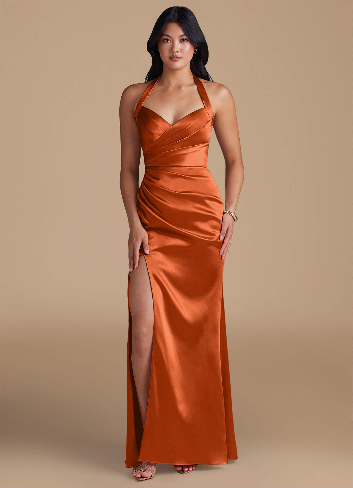 Azazie Emeria Bridesmaid Dresses Burnt Orange Sheath Side Slit Metallic Satin Dress image1