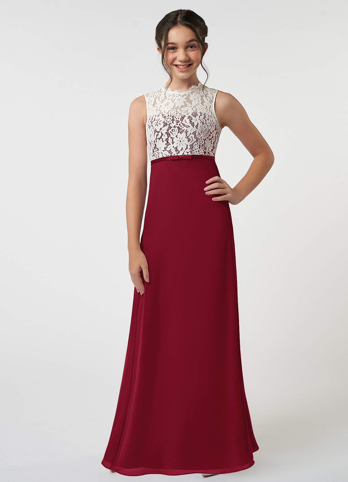 Azazie Rana Junior Robe Trapèze en Mousseline de soie Dentelle Bourgogne image1
