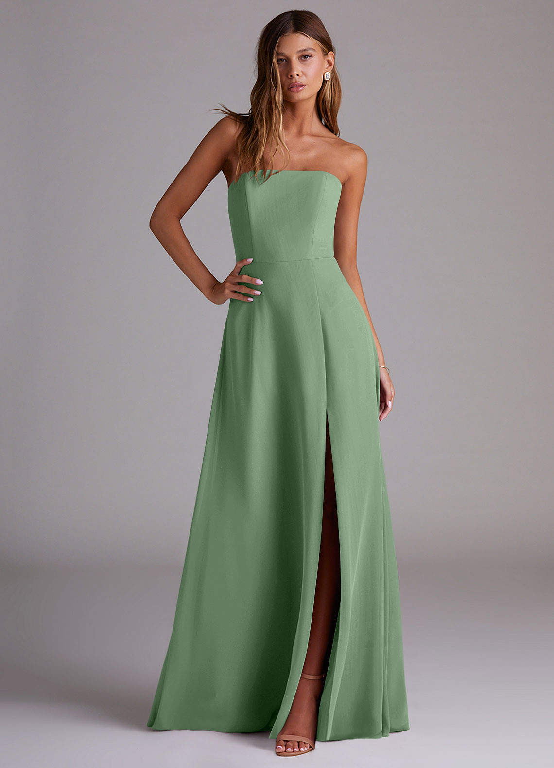 Azazie Wren Abiti da Damigella Abito Convertibile A-Line in Chiffon Spacco Laterale Matcha image2