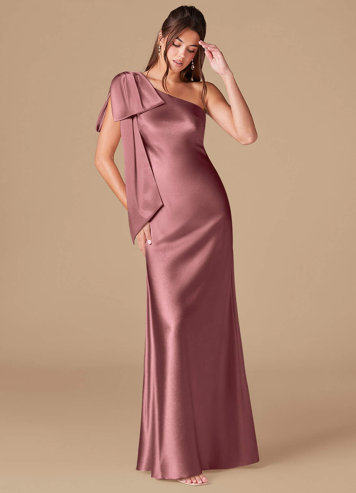 Azazie Capri Bridesmaid Dresses Vintage Mauve Sheath One Shoulder Metallic Satin Dress image1