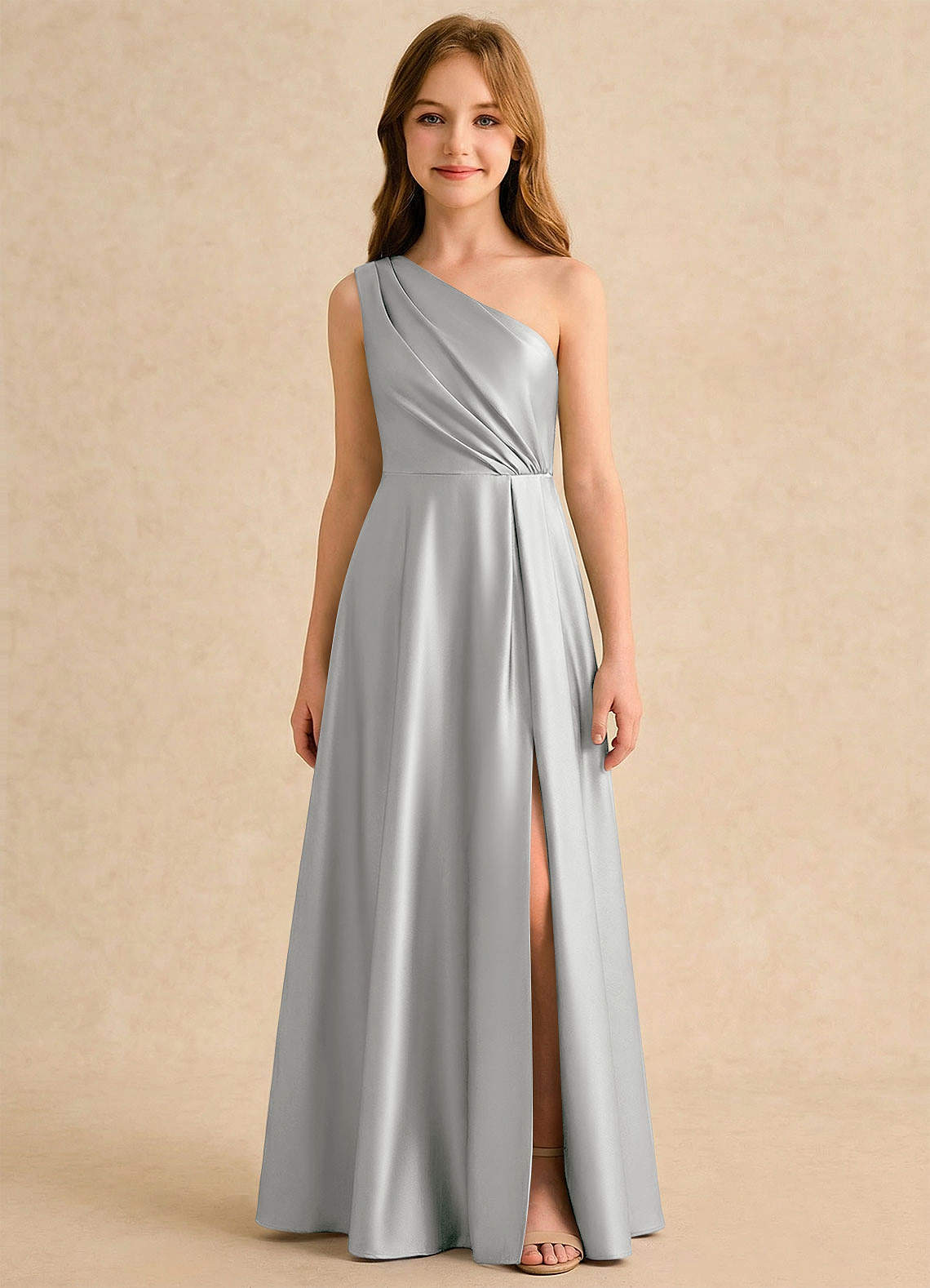 Azazie Puddles Girls Formal Robe Demoiselle D'honneur Fillette Robe Trapèze en Satin extensible Une épaule Argent image5
